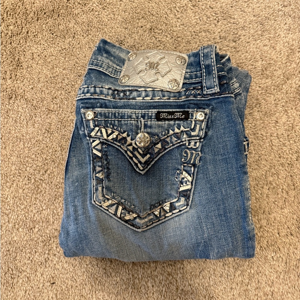 Miss Me Blue Straight Leg Jeans with Embellished Back
